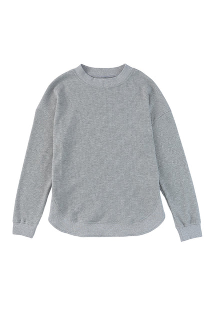 Grey Plain Crew Neck Ribbed Trim Waffle Knit Long Sleeve Top