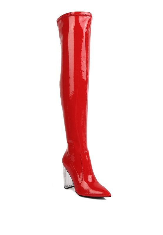 Elektra Over Knee High Clear Heel Patent Leather Boots