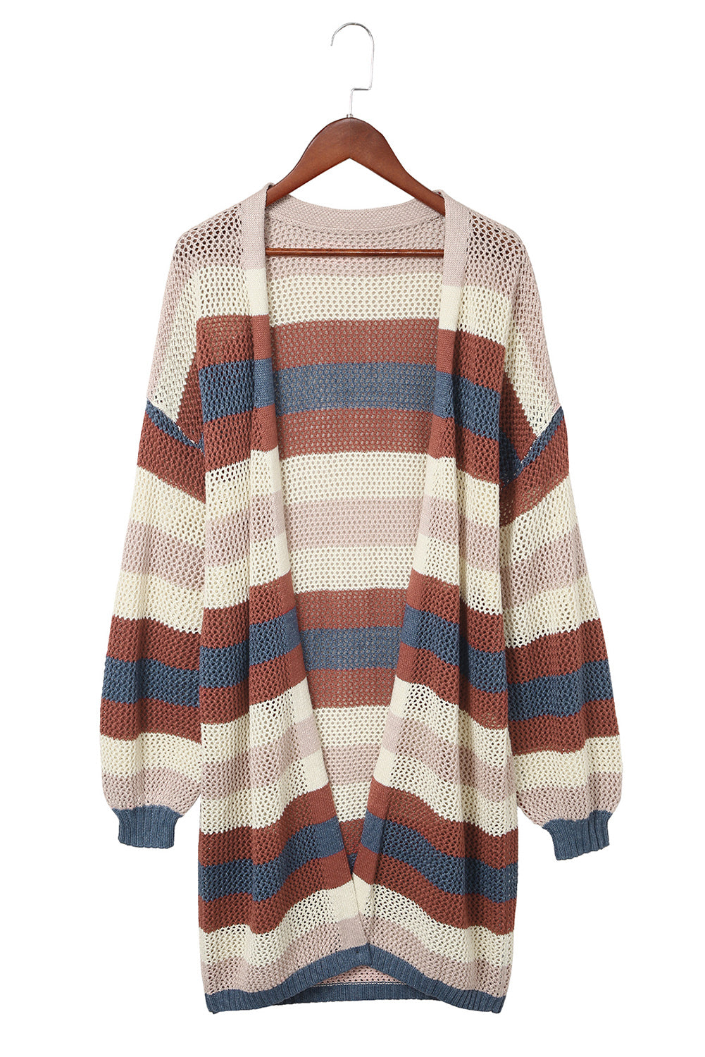 Black Striped Color Block Casual Hollow Cable Knit Cardigan