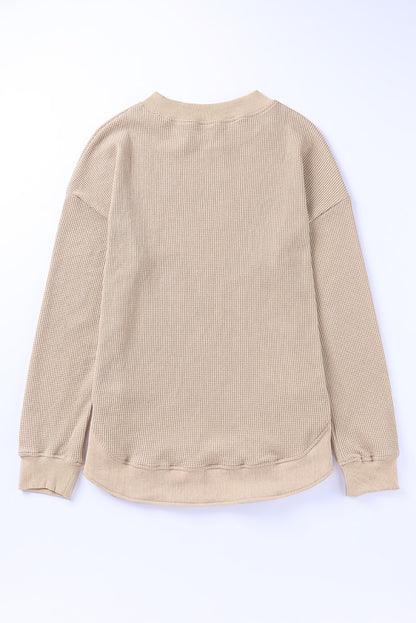 Grey Plain Crew Neck Ribbed Trim Waffle Knit Long Sleeve Top