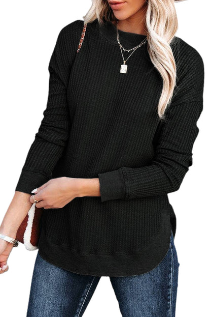 Grey Plain Crew Neck Ribbed Trim Waffle Knit Long Sleeve Top