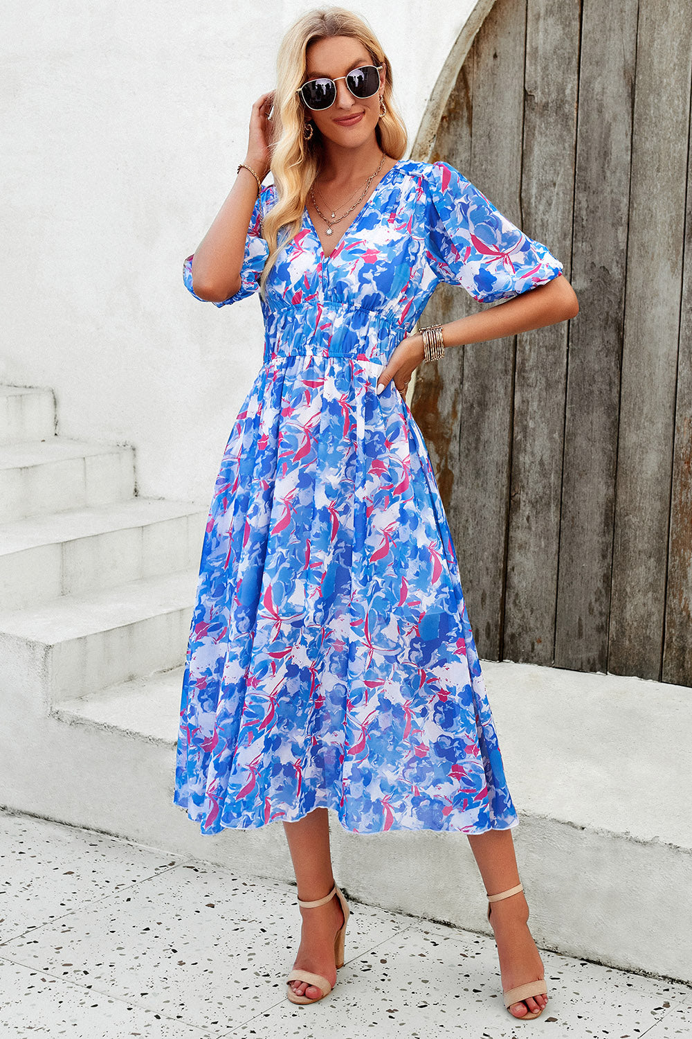 Smocked Printed V-Neck Short Sleeve Dress