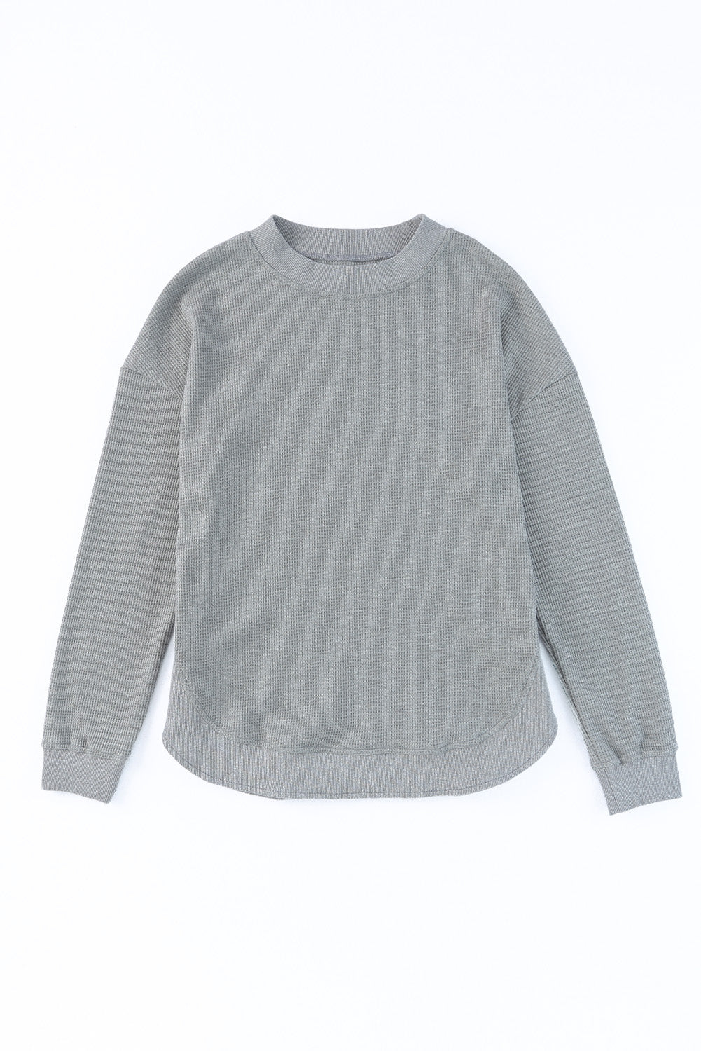 Grey Plain Crew Neck Ribbed Trim Waffle Knit Long Sleeve Top