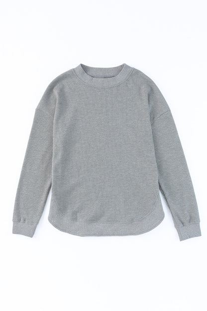 Grey Plain Crew Neck Ribbed Trim Waffle Knit Long Sleeve Top