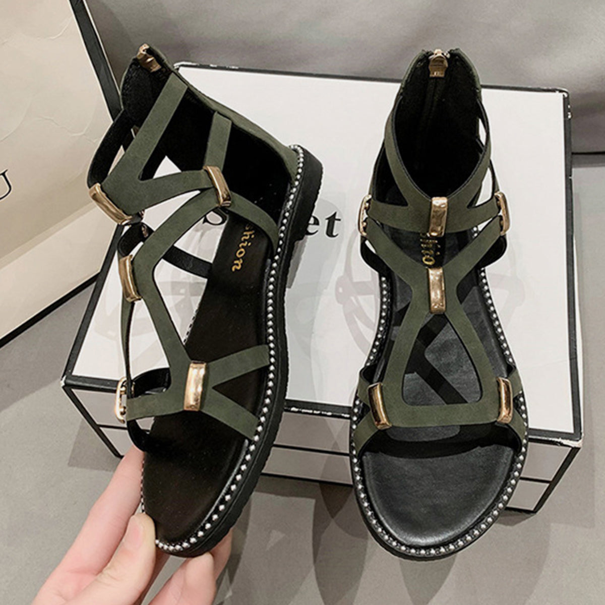 Alana Open Toe Back Zipper Flat Sandals