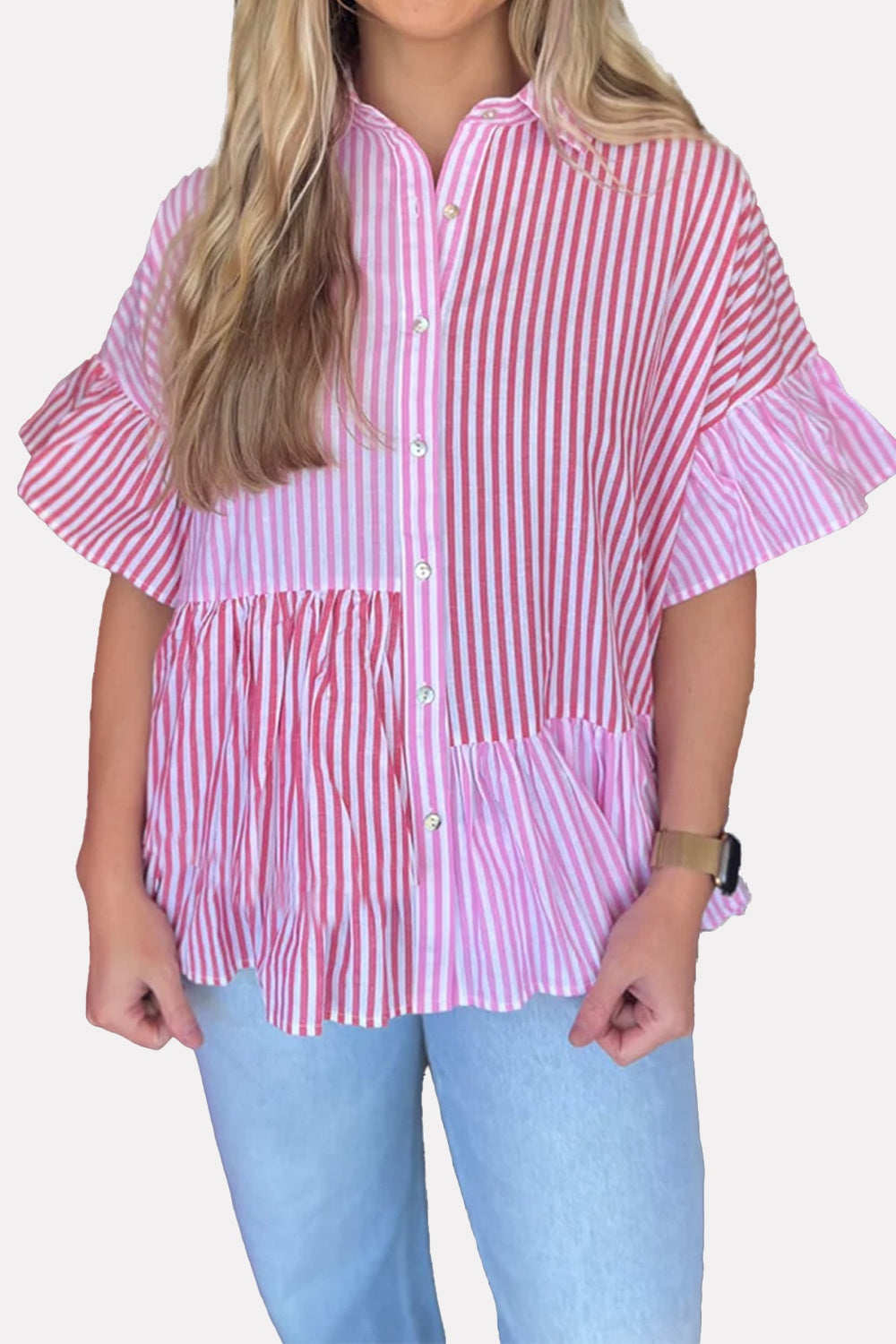 Cotton Striped Button Up Flounce Sleeve Shirt