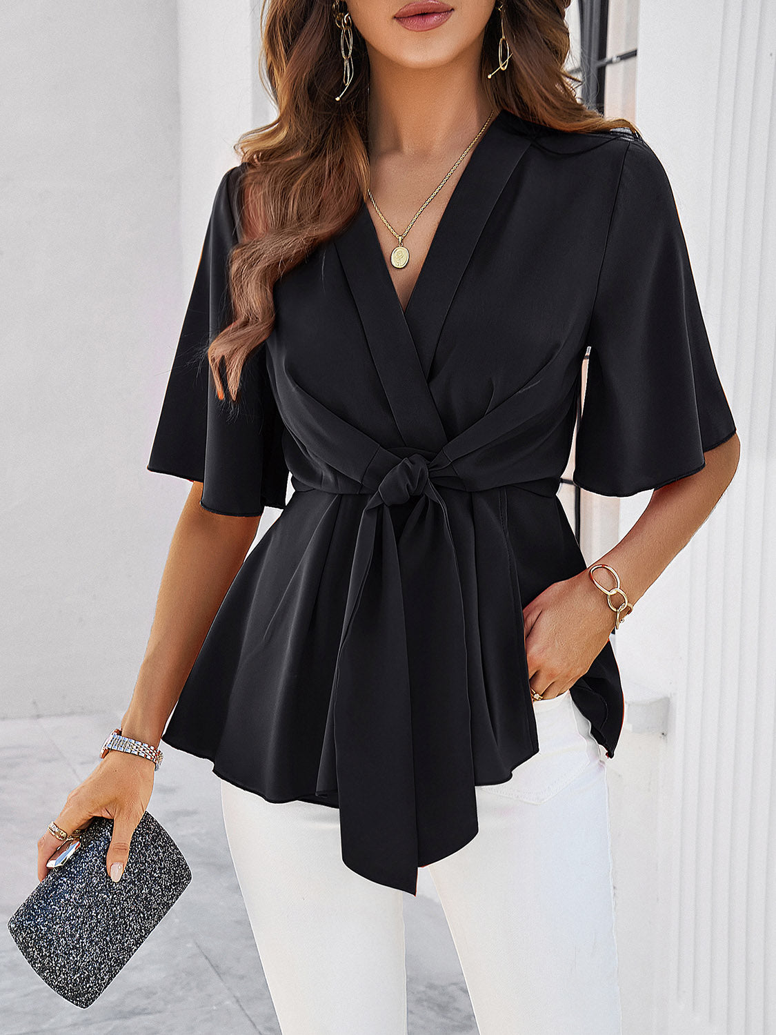 Tie Waist Half Sleeve Blouse