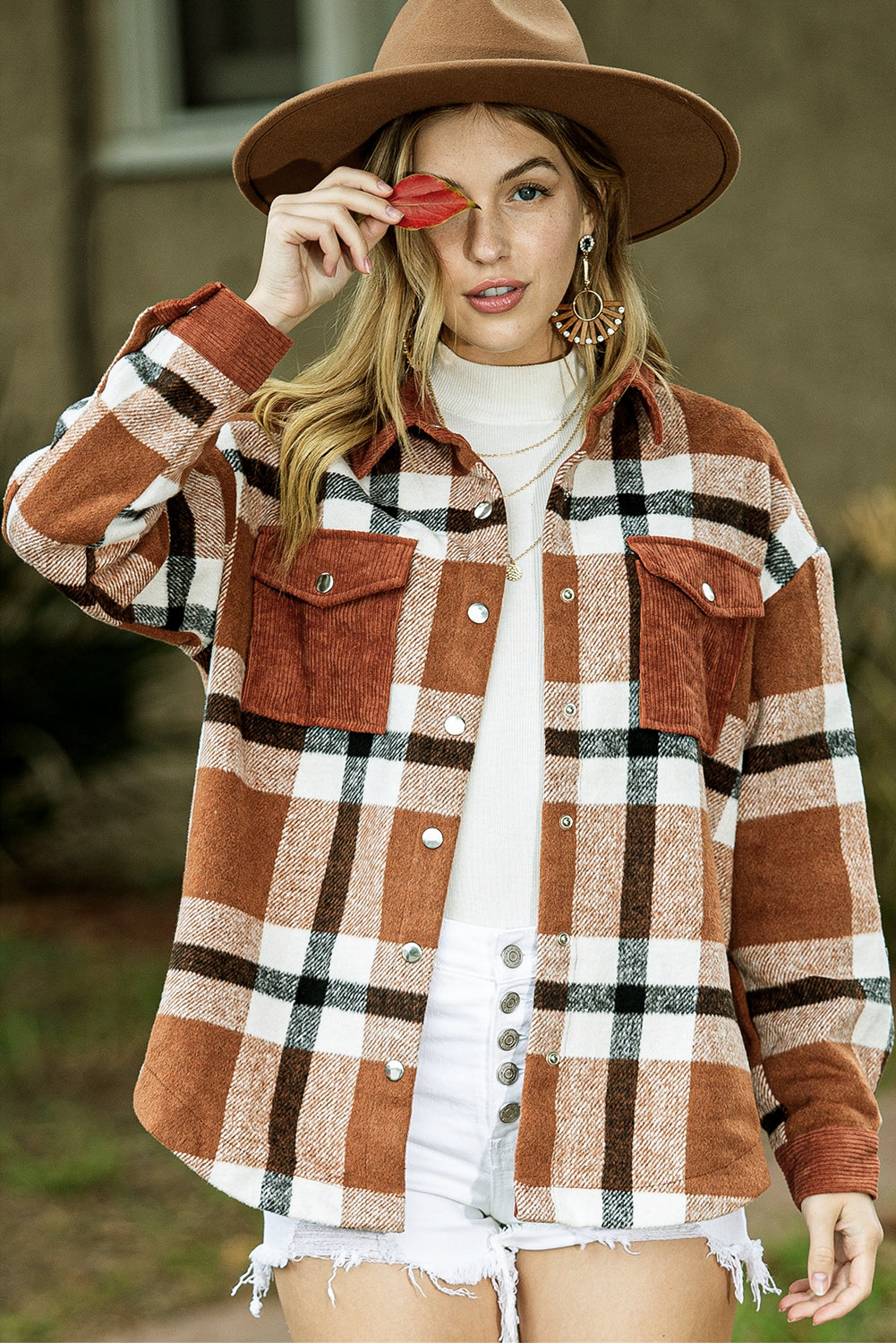 Brown Plaid Pocket Casual Buttons Up Shirt Shacket