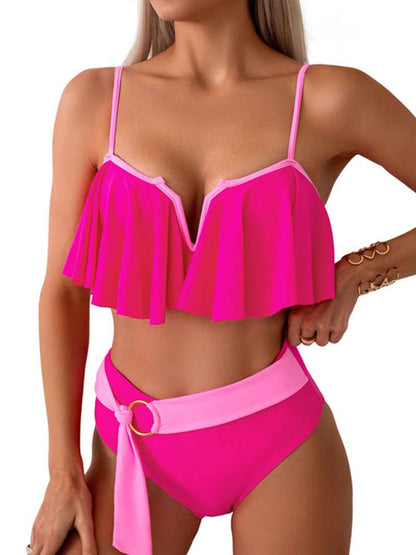 Spaghetti Strap Curtain Front Notched Bikini Set