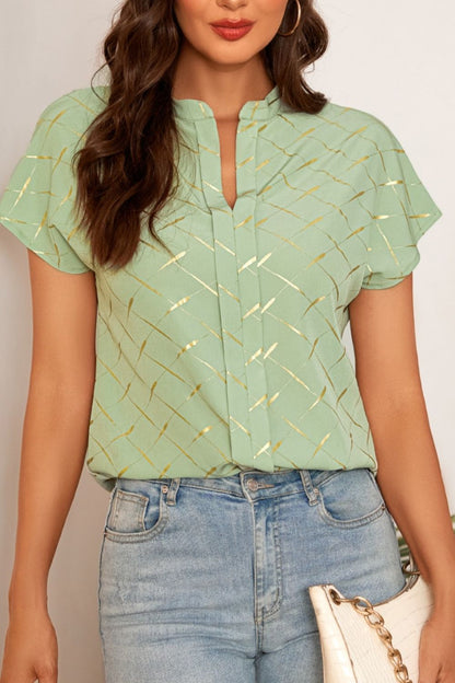 Printed Notched Short Sleeve Blouse