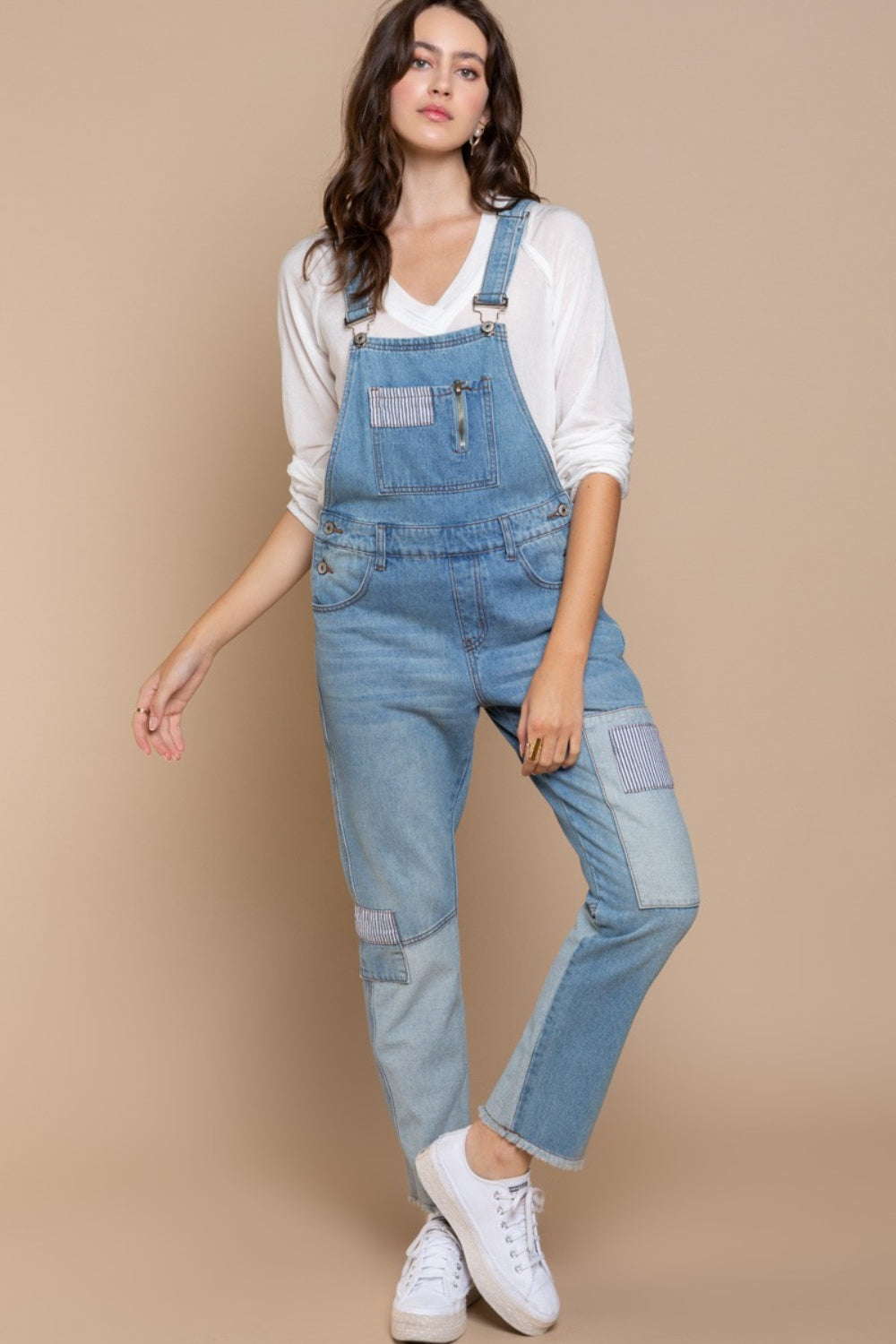 Front Chest Zipper Slim Leg Denim Overalls