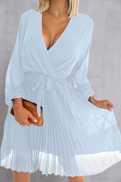 Tied Waist Long Sleeve Pleated Dress