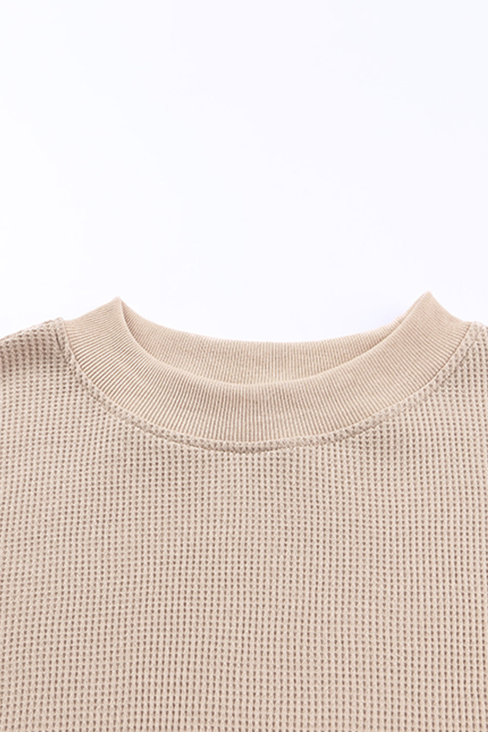 Grey Plain Crew Neck Ribbed Trim Waffle Knit Long Sleeve Top