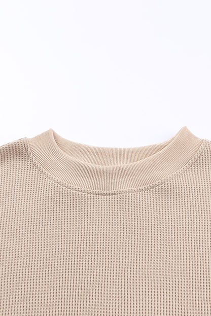 Grey Plain Crew Neck Ribbed Trim Waffle Knit Long Sleeve Top