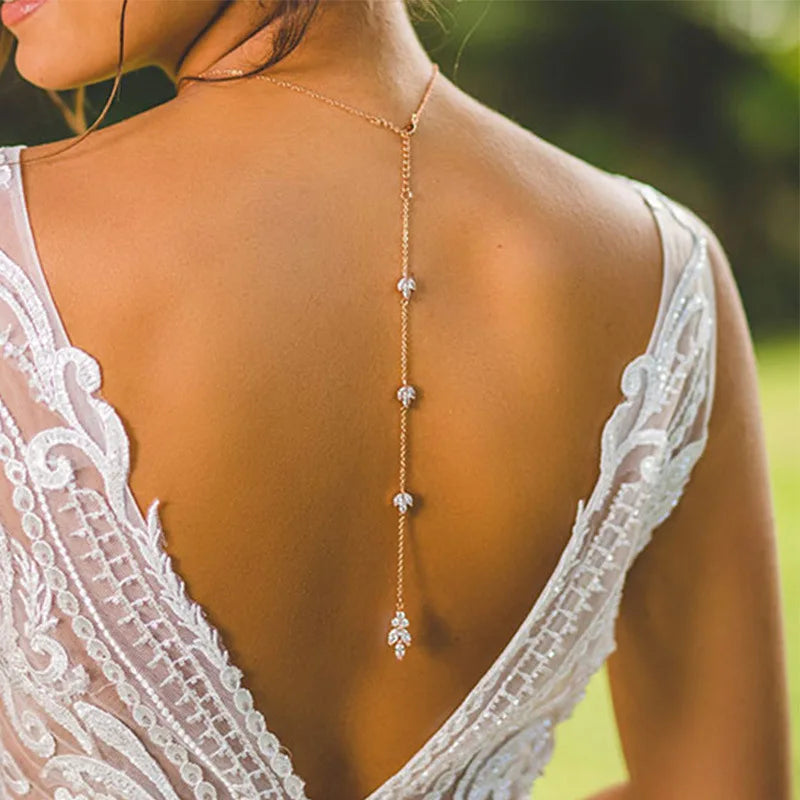 Long Flower Drop Back Chain Necklace