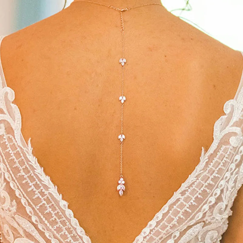 Long Flower Drop Back Chain Necklace