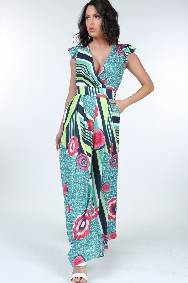 Ruffle Sleeve Surplice Jumpsuit - Mint Multi