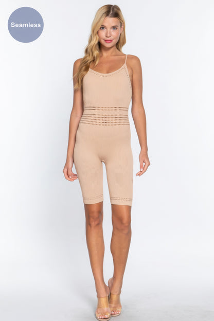 Round Neck Pointelle Detail Seamless Rib Romper - Pink Beige