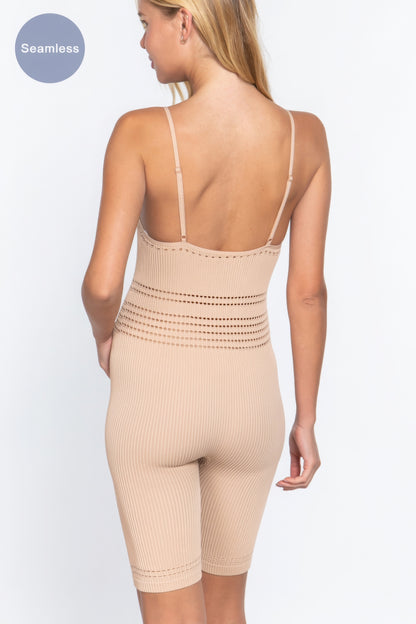 Round Neck Pointelle Detail Seamless Rib Romper - Pink Beige