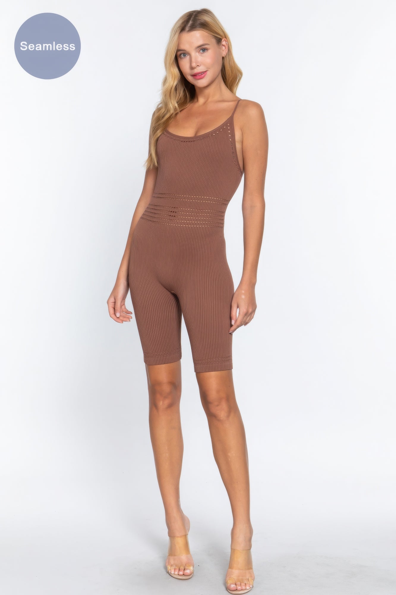 Round Neck Pointelle Detail Seamless Rib Romper - Truffle