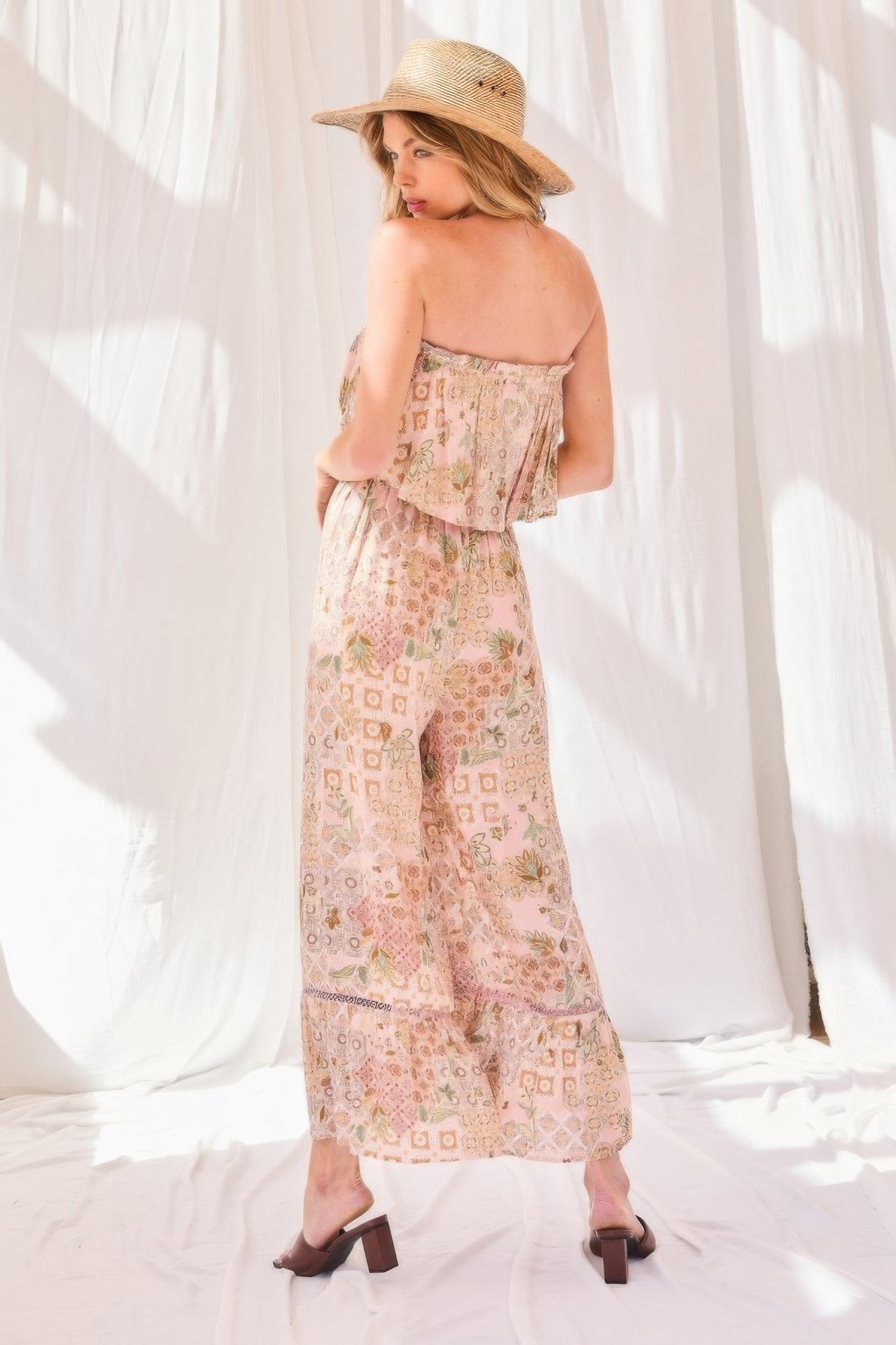 Tube Top With Tier Ruffle Waist Elastic Bottom Lace Trim Jumpsuit - Blush