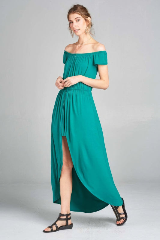 Off Shoulder Solid Jersey Romper Maxi - Emerald