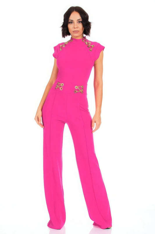 Eyelet With Chain Detailed Fashion Jumpsuit - Pink