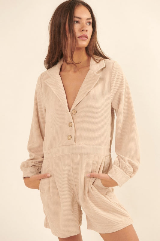 A Woven Corduroy Romper - Cream