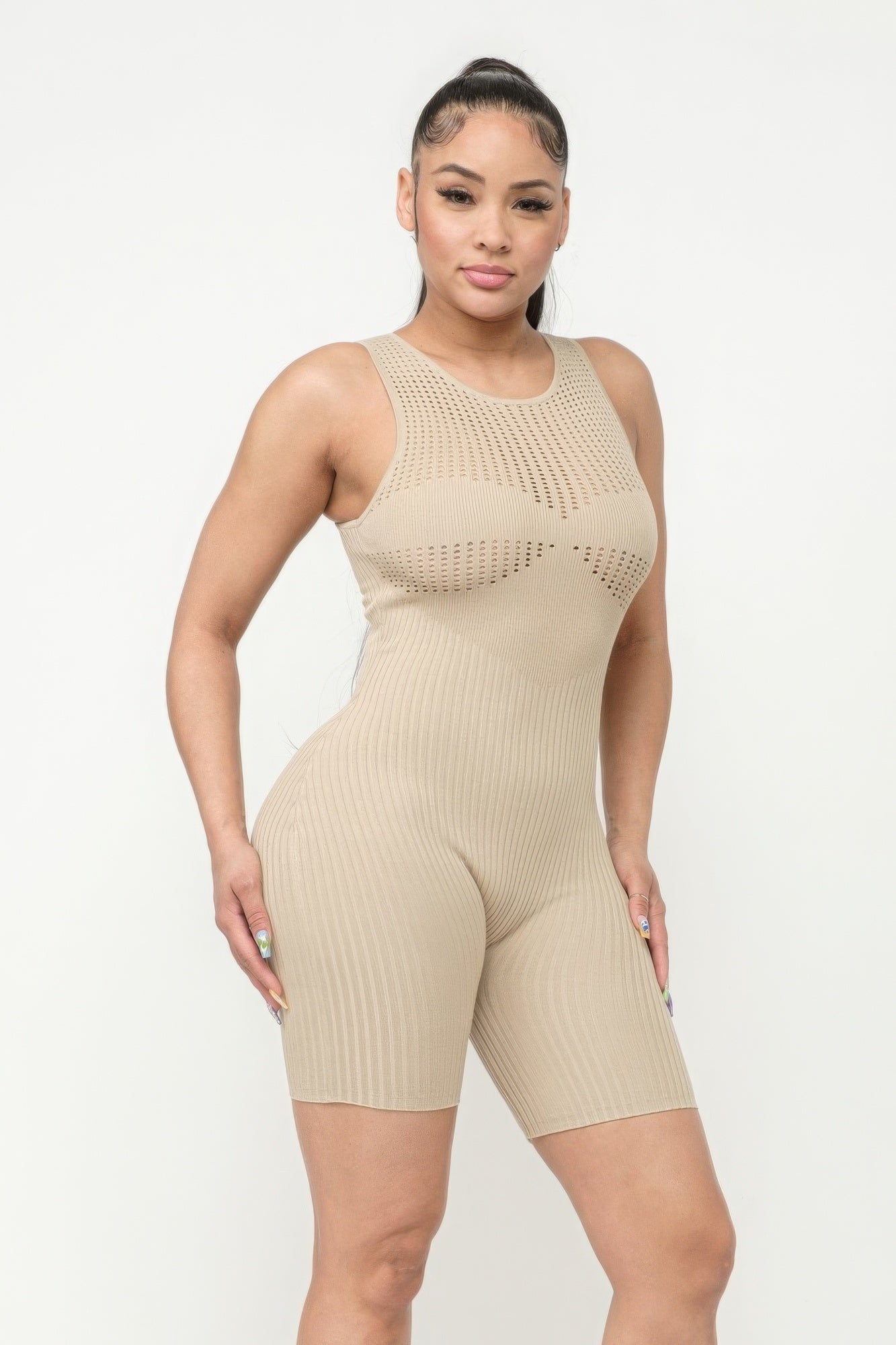 Pointelle Stitch Romper - Stone