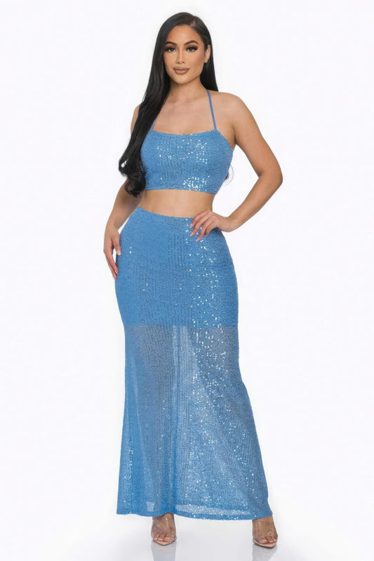 Sexy Back Sequin Maxi Dress - Turquoise