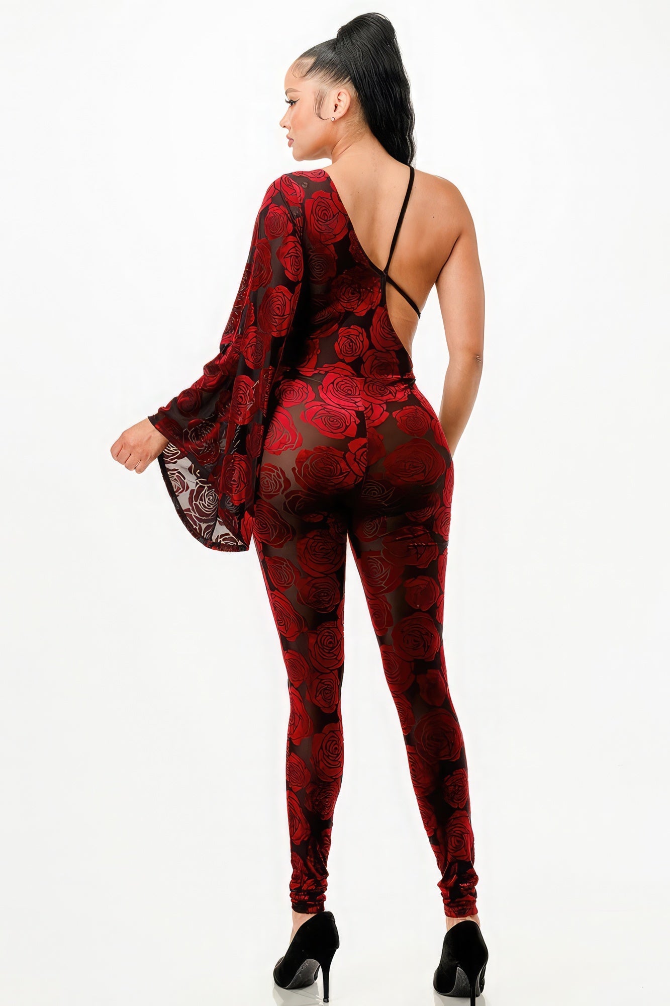 Velvet Flocking Jumpsuit/bell Sleeve - Burgundy