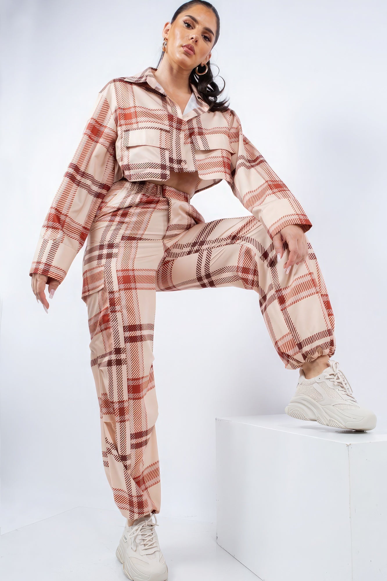 Cropped Shirt & Cargo Pants Set - Beige