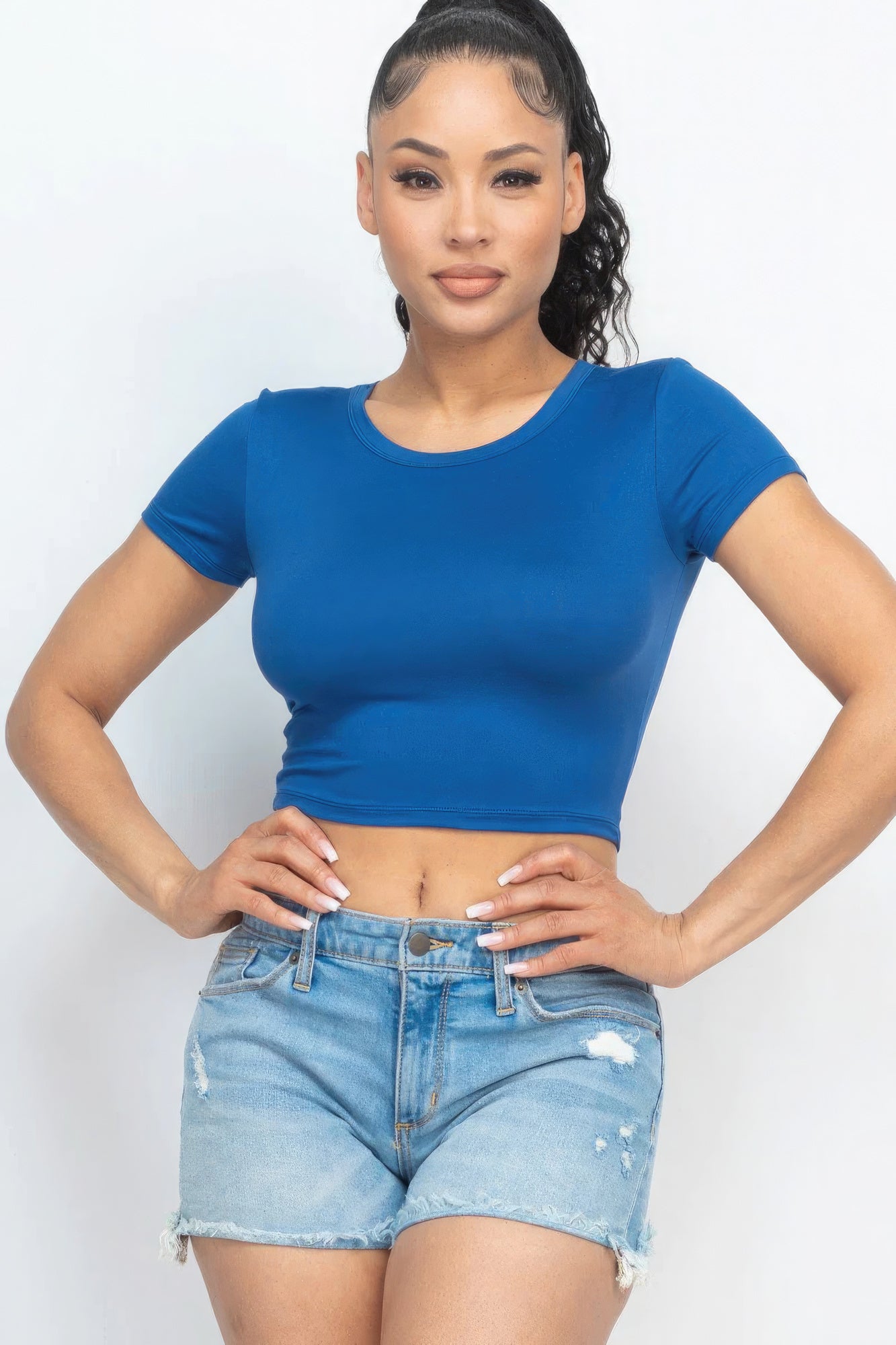 Short Sleeve Round Neck Crop Top - Blue Haze