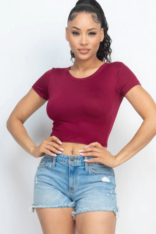 Short Sleeve Round Neck Crop Top - Burgundy