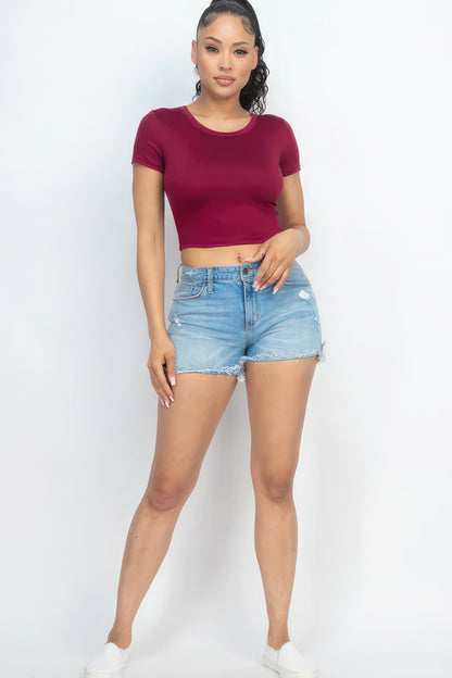 Short Sleeve Round Neck Crop Top - Burgundy