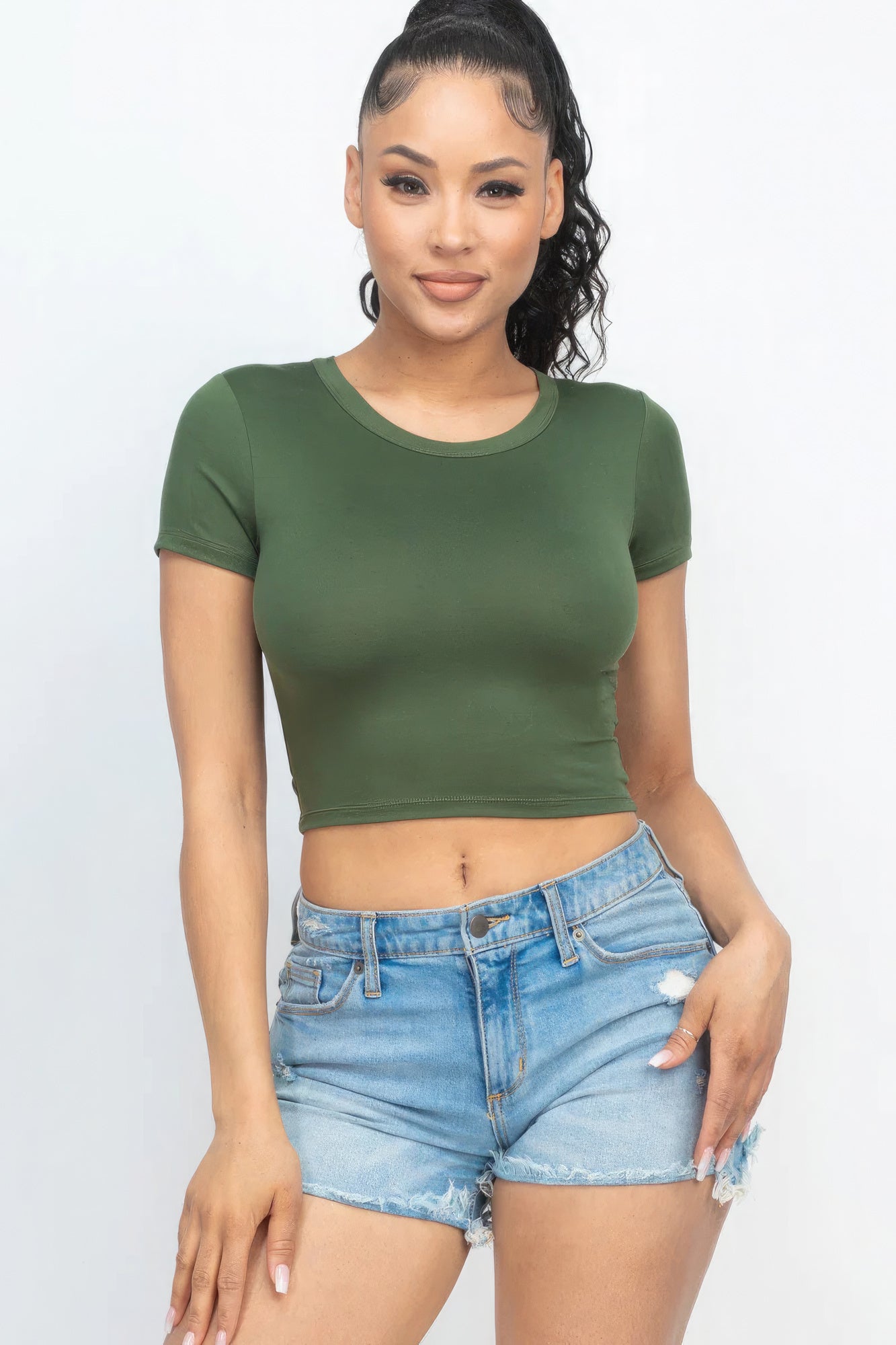 Short Sleeve Round Neck Crop Top - Olive