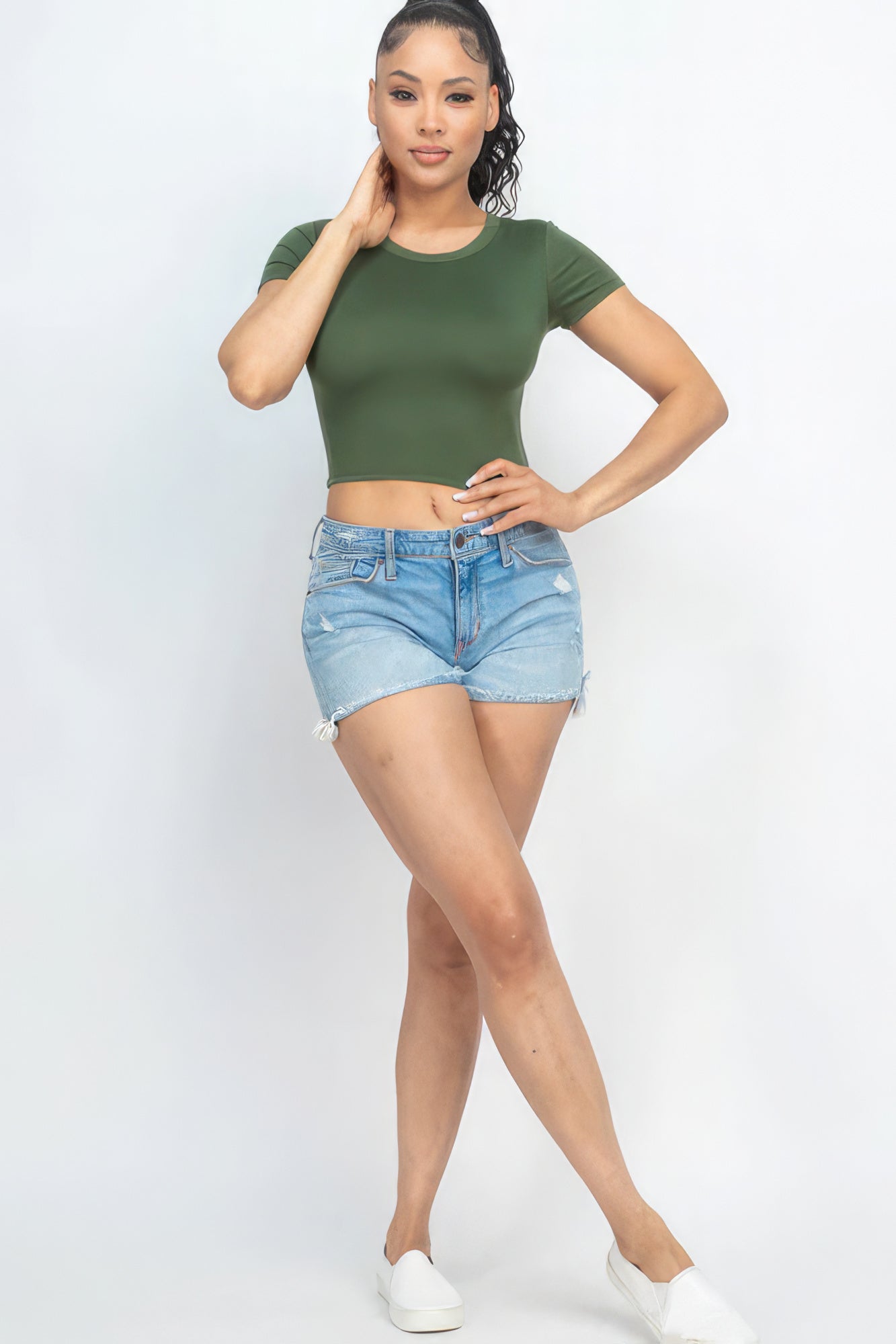 Short Sleeve Round Neck Crop Top - Olive