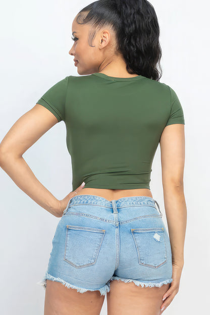 Short Sleeve Round Neck Crop Top - Olive