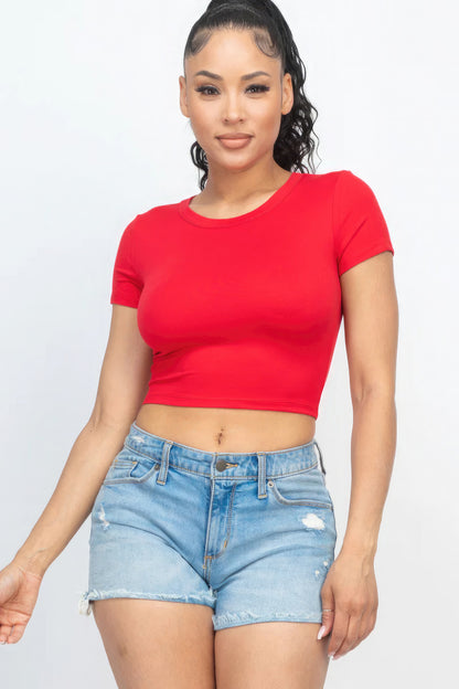 Short Sleeve Round Neck Crop Top - Red