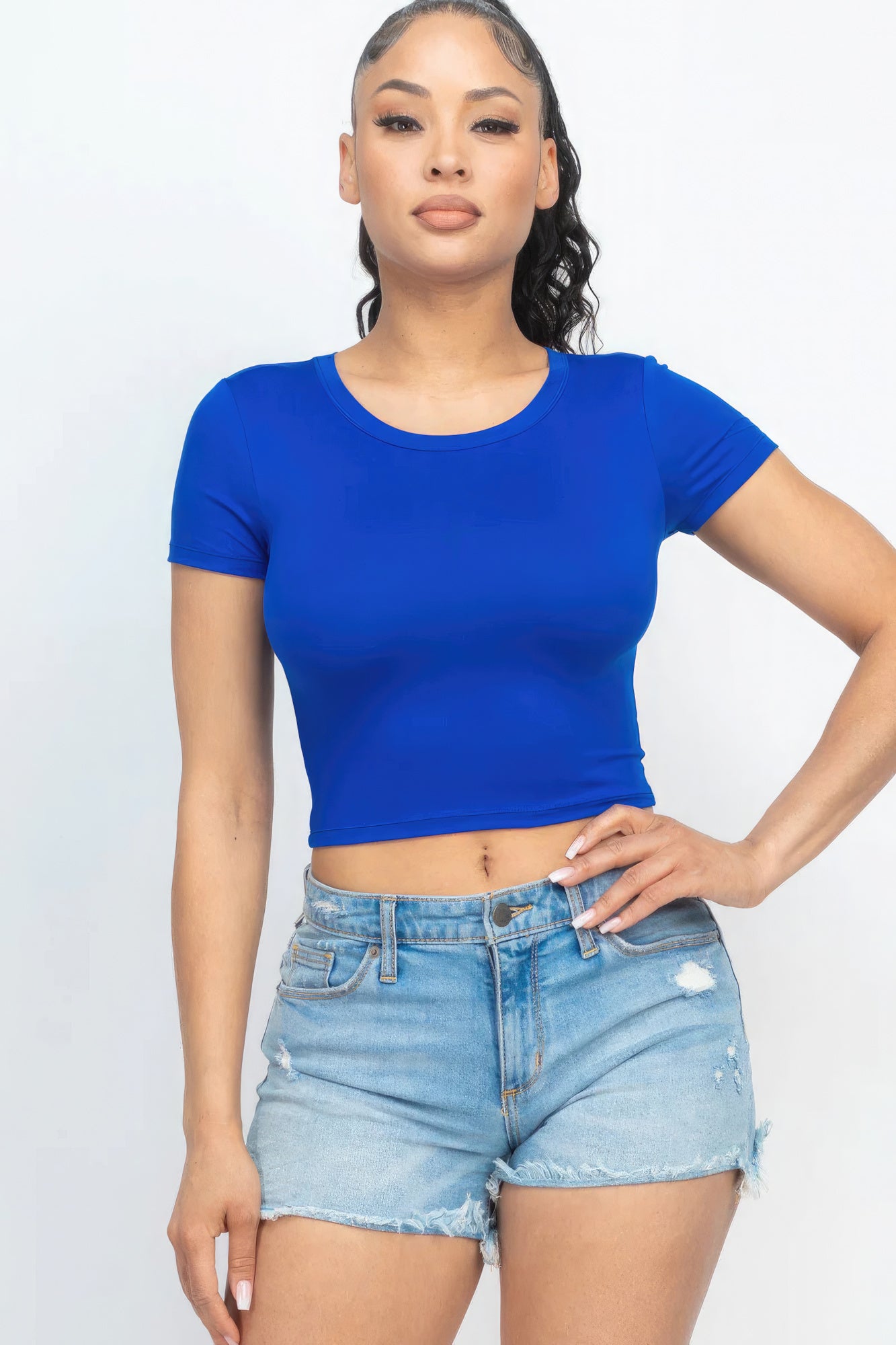 Short Sleeve Round Neck Crop Top - Royal Blue