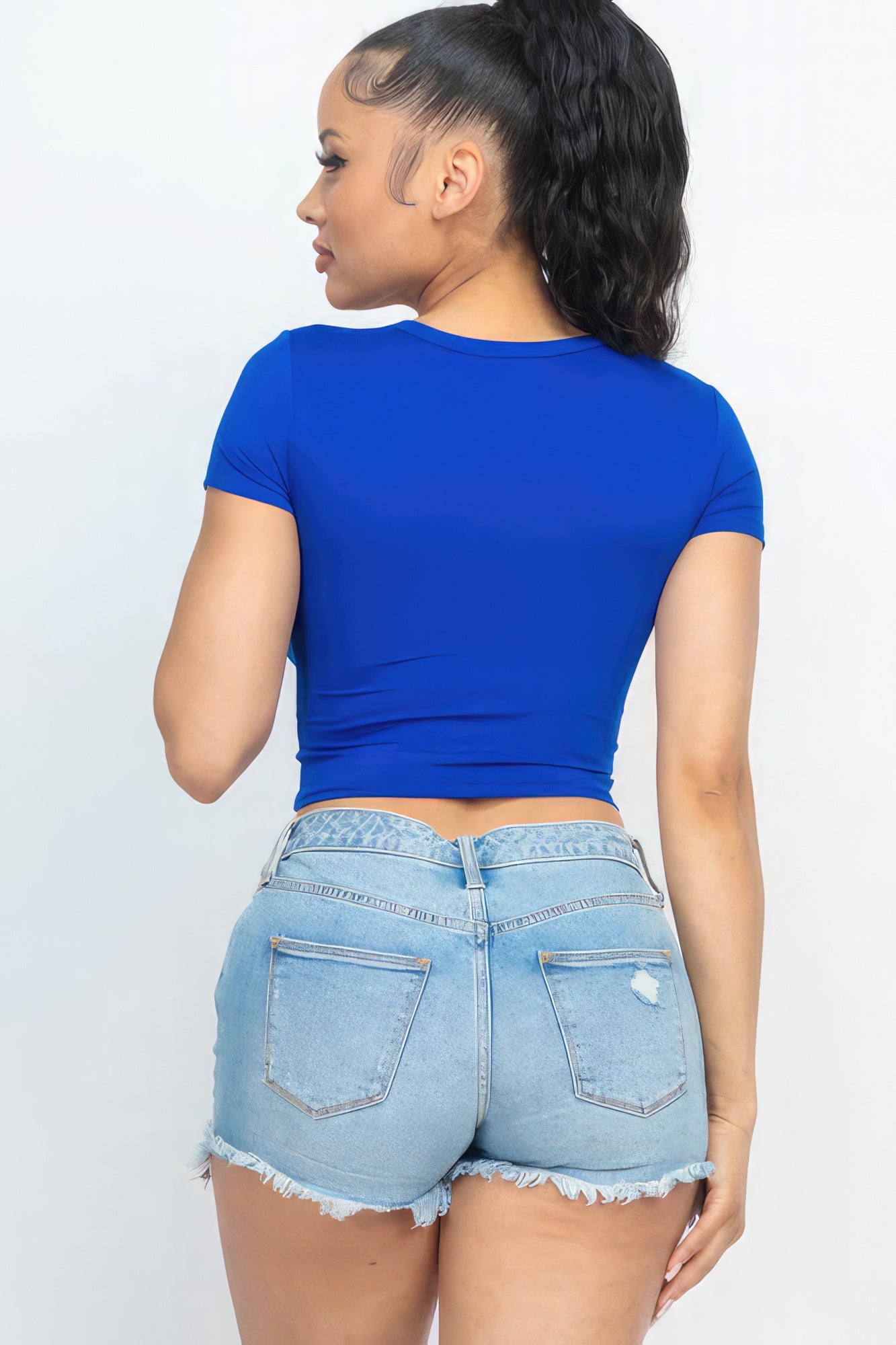 Short Sleeve Round Neck Crop Top - Royal Blue