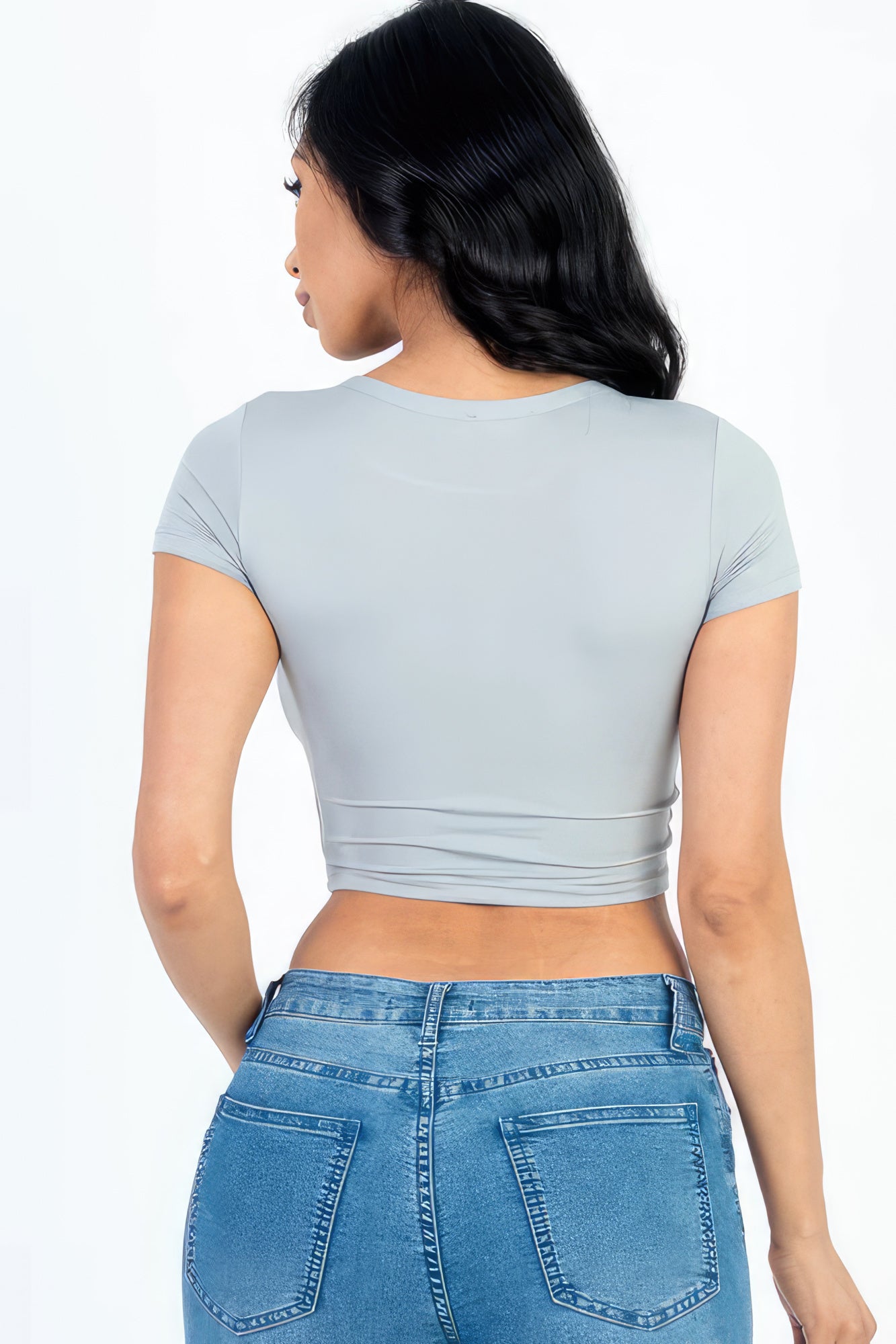 Short Sleeve Round Neck Crop Top - Grey