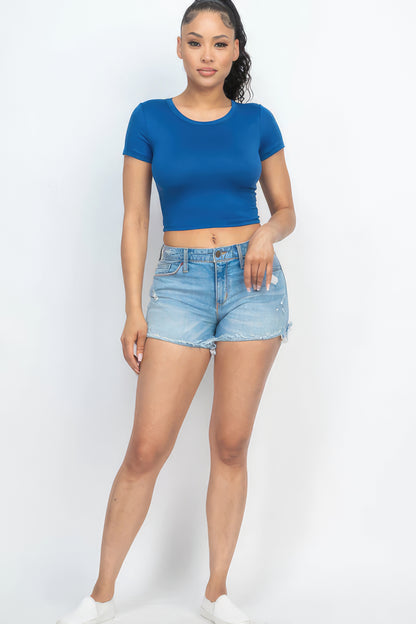 Short Sleeve Round Neck Crop Top - Blue Haze