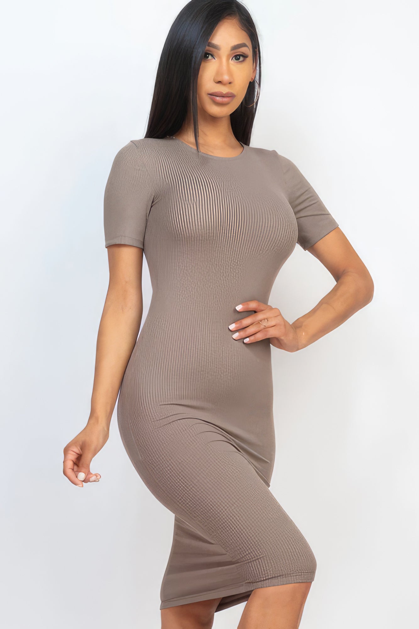 Shayla Ribbed Bodycon Midi Dress - Taupe