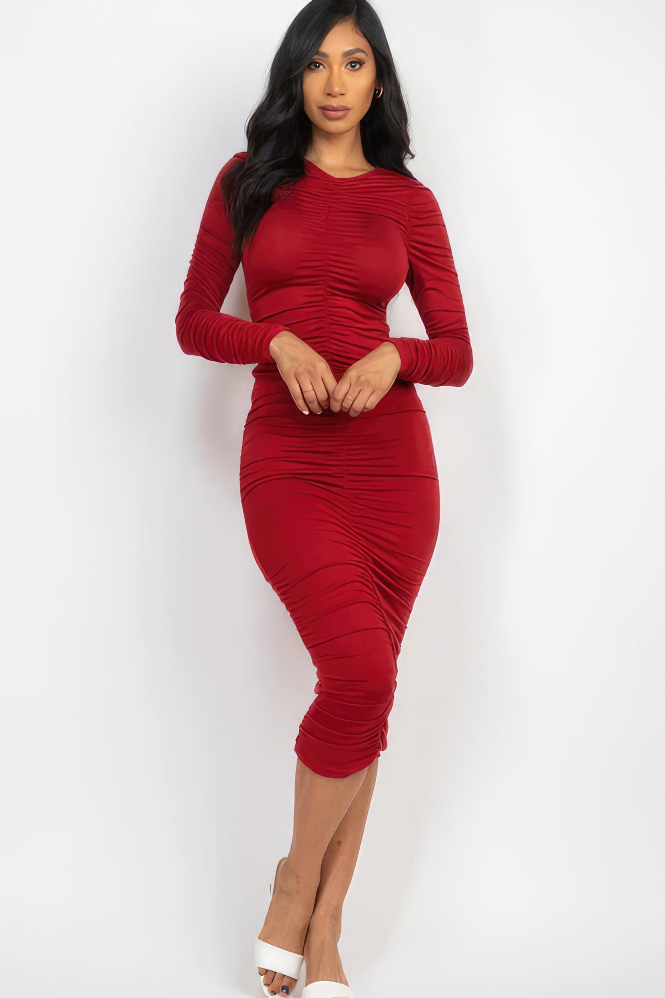 Ruche Long Sleeve Midi Dress - Winery