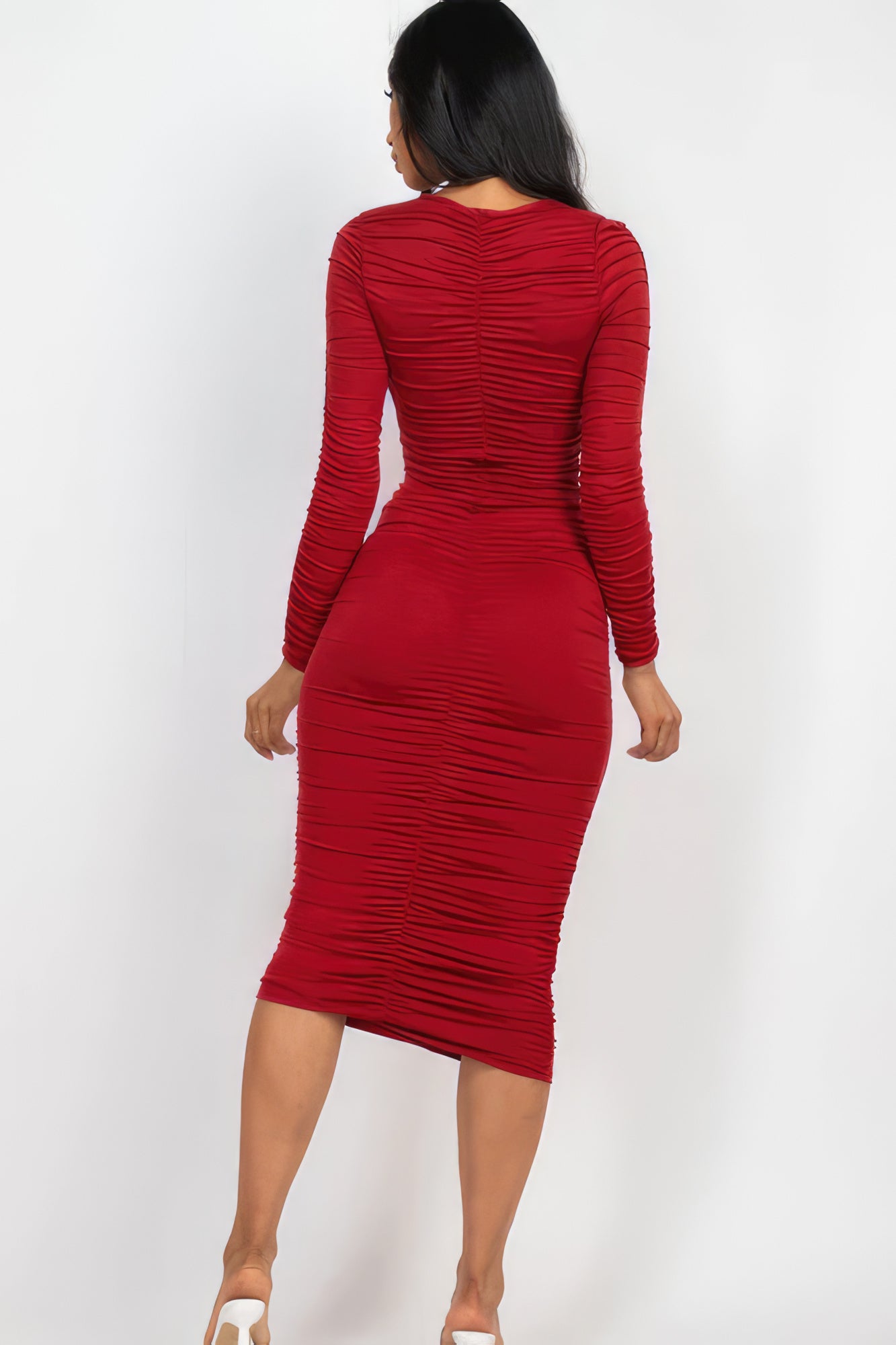 Ruche Long Sleeve Midi Dress - Winery