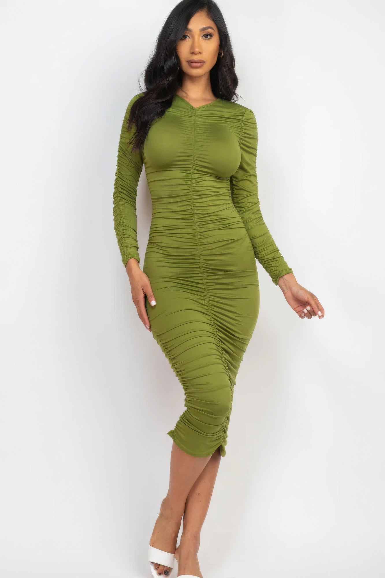 Ruche Long Sleeve Midi Dress - Olive Branch