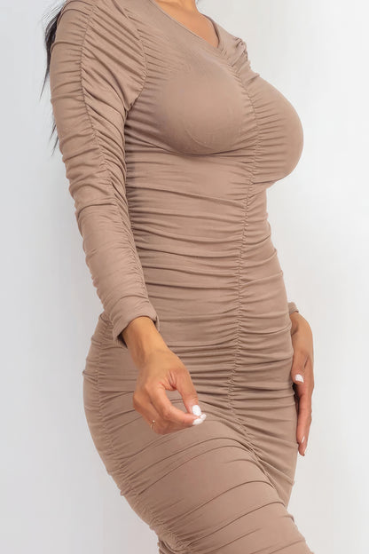Ruched Long Sleeve Midi Dress - Taupe Grey