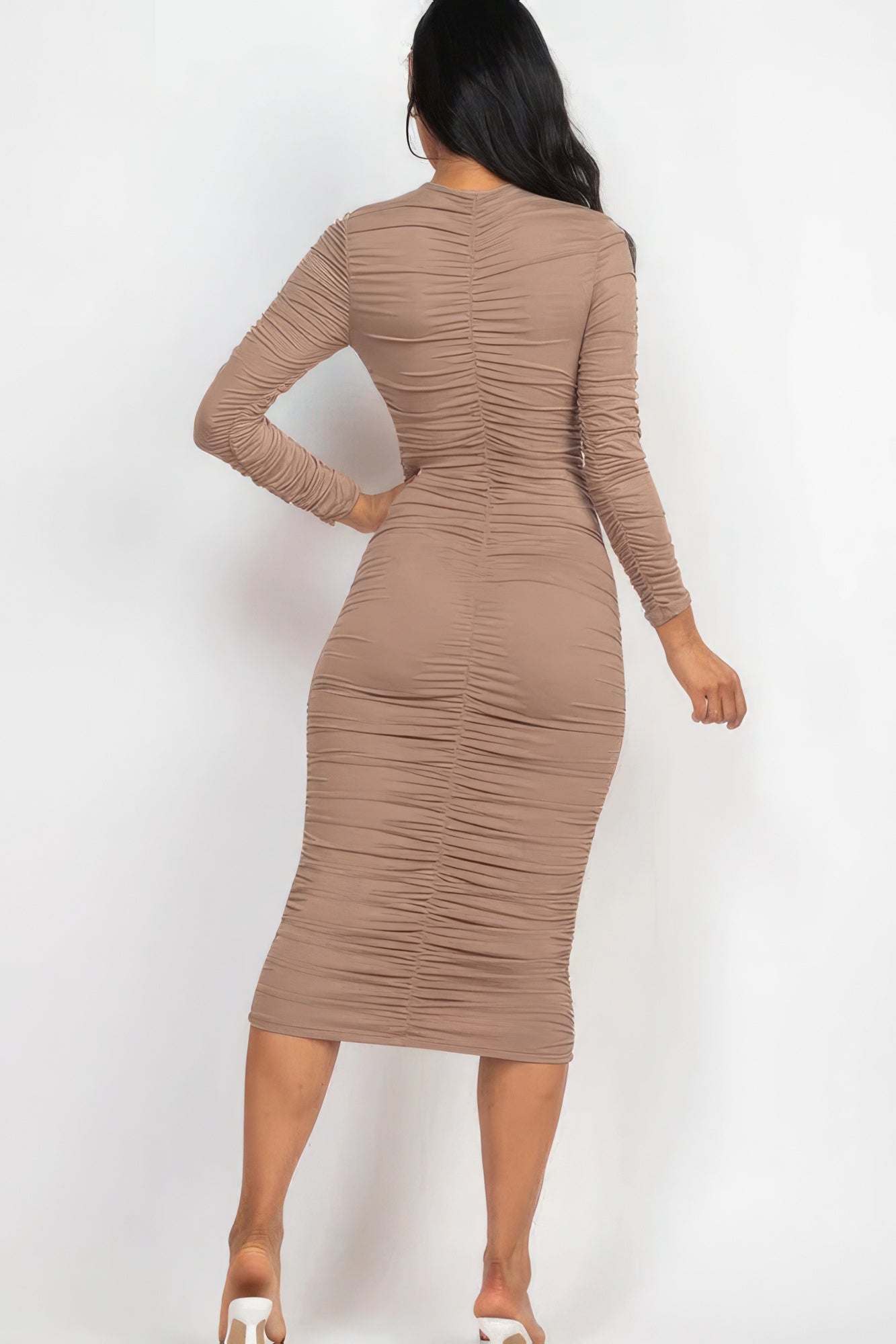 Ruched Long Sleeve Midi Dress - Taupe Grey