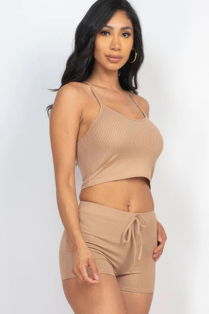 Ribbed Crop Cami Top & Shorts Set - Latte